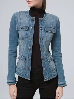 White House Black Market Blue Denim Jacket Ornate Buttons Fitted Military Style